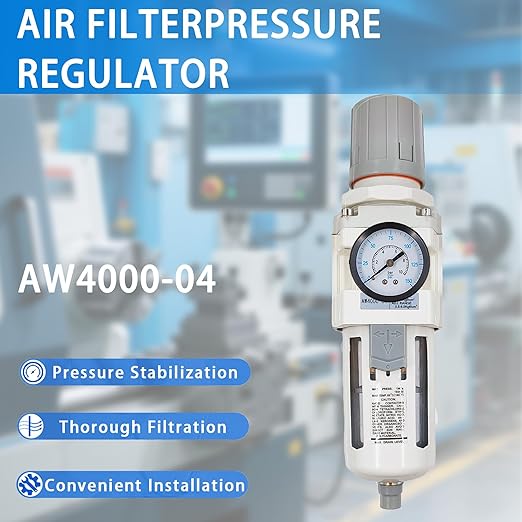 XingNEeng 1/2" NPT Compressed Air Filter Regulator Combo Piggyback, Water/Oil Trap Separator with Pressure Gauge(0-150 psi), Semi-Auto Drain, Poly Bowl, 5 Micron Brass Element, Metal Bracket