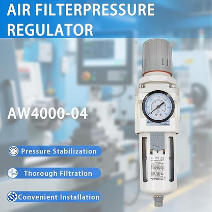 XingNEeng 1/2" NPT Compressed Air Filter Regulator Combo Piggyback, Water/Oil Trap Separator with Pressure Gauge(0-150 psi), Semi-Auto Drain, Poly Bowl, 5 Micron Brass Element, Metal Bracket