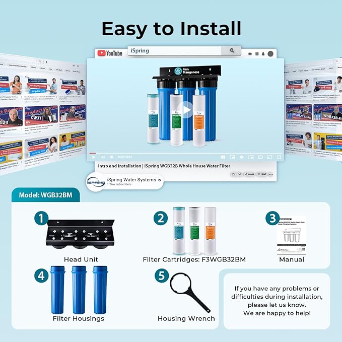 iSpring Whole House Water Filter System, Reduces Iron, Manganese, Chlorine, Sediment, Taste, and Odor, 3-Stage Iron Filter Whole House, Model: WGB32BM