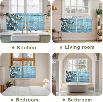 Farmhouse Wooden Grain Tier Curtains, Vintage Shabby Chic Flower Blue Light Filtering Kitchen Curtains, 2Pcs Rod Pocket Half Window Treatments Panels for Sink Cafe Cabinet Camper 27.5x24 Inches