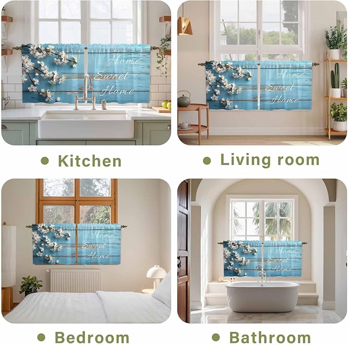 Farmhouse Wooden Grain Tier Curtains, Vintage Shabby Chic Flower Blue Light Filtering Kitchen Curtains, 2Pcs Rod Pocket Half Window Treatments Panels for Sink Cafe Cabinet Camper 27.5x36 Inches