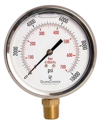 4" Oil Filled Pressure Gauge - Stainless Steel Case, Brass, 1/2" NPT, Lower Mount Connection, 0-10,000PSI