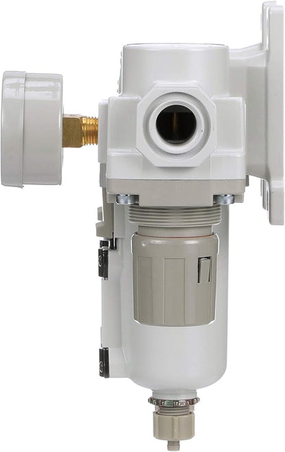 PneumaticPlus SAU430-N06G-MEP Three Stage Air Drying System Particulate Air Filter, Coalescing Filter, Air Pressure Regulator Combo 3/4" NPT - Metal Bowl, Manual Drain, Bracket, Gauge