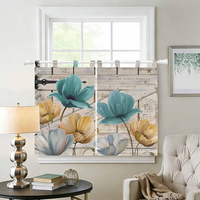 Watercolor Flowers Bedroom Curtains 63 Inch Length, Window Curtains Tab Top, Vintage Tulips Floral Barn Doors Wood Grain Light Filtering Window Treatments Drapes 42"x63" 2 Panel