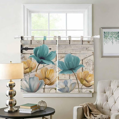 Watercolor Flowers Bedroom Curtains 63 Inch Length, Window Curtains Tab Top, Vintage Tulips Floral Barn Doors Wood Grain Light Filtering Window Treatments Drapes 42"x63" 2 Panel