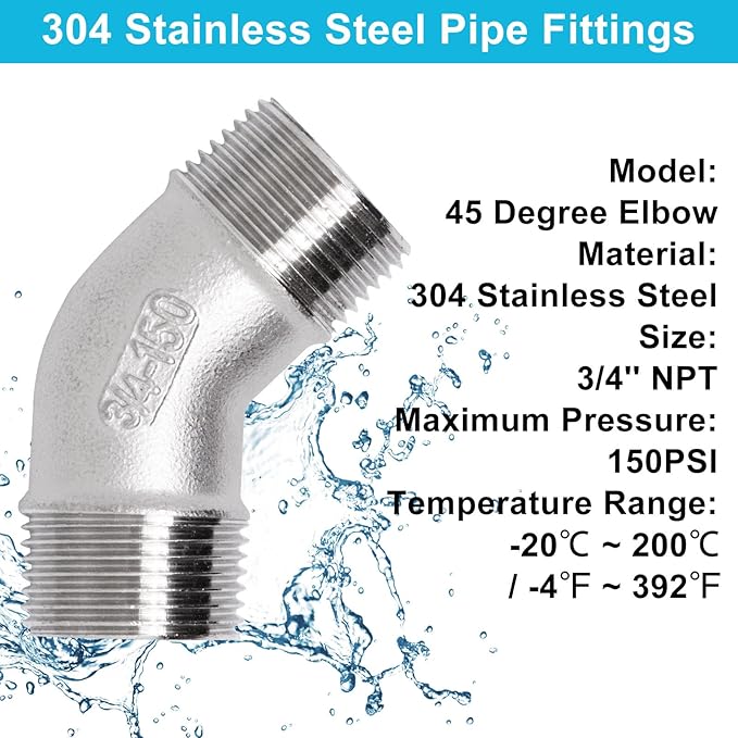 45 Degree Elbow 2PCS, 3/4" NPT Male X 3/4" NPT Male 304 Stainless Steel Pipe Fitting, Connector Coupler Apply to Outdoor/Garden/Industrial