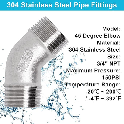 45 Degree Elbow 2PCS, 3/4" NPT Male X 3/4" NPT Male 304 Stainless Steel Pipe Fitting, Connector Coupler Apply to Outdoor/Garden/Industrial