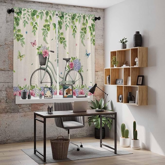 Farmhouse Spring Kitchen Curtains, Retro Bicycles Flowers Vines Butterfly Light Filtering Window Curtain Panels, 2Pcs Rod Pocket Window Treatments Set for Living Room Bathroom Bedroom 42x63 Inches