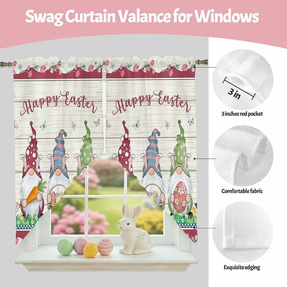 Swag Curtain,Happy Easter Gnomes with Eggs on Grass Kitchen Valances Rod Pocket Curtains Tier Pair Swag Topper,Spring Floral on Wood Barn 2 Panels Window Treatment for Bathroom Living Room Bedroom