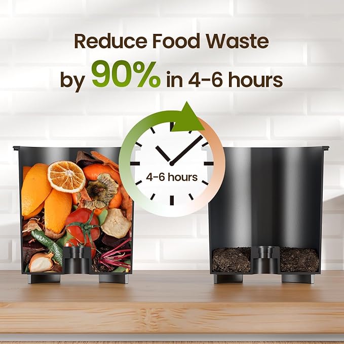 TOPZEE Electric Compost Bin for Kitchen, 3L Smart Countertop Composter with Odorless Auto-Cleaning, Low Noise, Turns Food Waste to Fertilizer in 4 Hours, for Indoor Home Use, Black