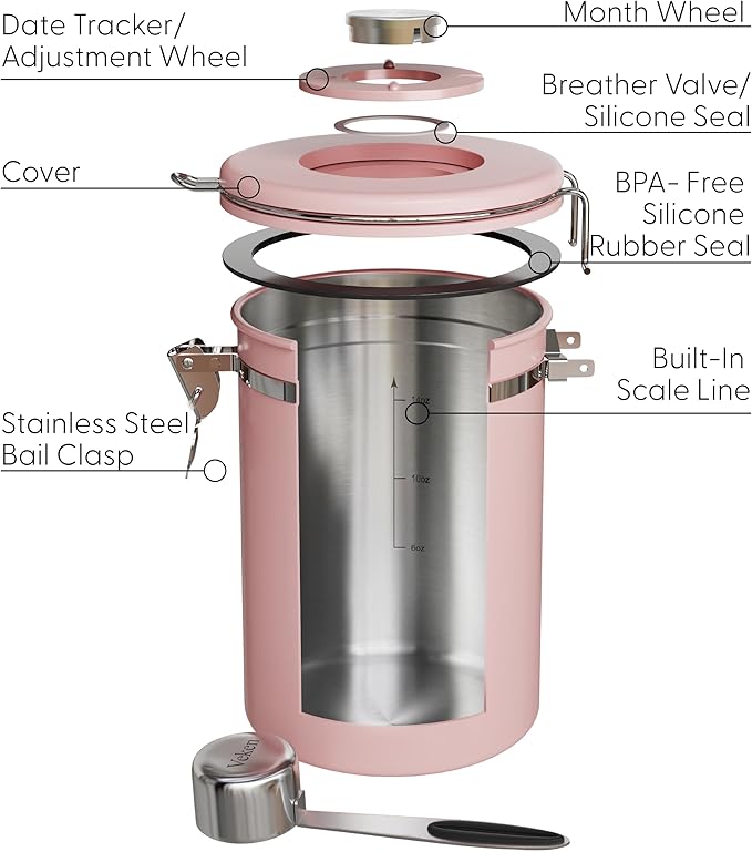 Veken Coffee Canister with Window, Airtight Stainless Steel Kitchen Food Storage Container with Lids, Date Tracker and Scoop for Grounds Coffee, Beans, Tea, Flour, Cereal, Sugar Jars, 22OZ, Pink