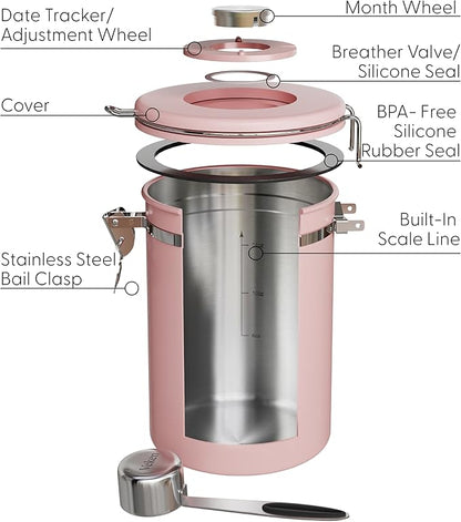 Veken Coffee Canister with Window, Airtight Stainless Steel Kitchen Food Storage Container with Lids, Date Tracker and Scoop for Grounds Coffee, Beans, Tea, Flour, Cereal, Sugar Jars, 22OZ, Pink