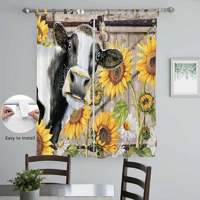 Retro Farmhouse Flower Living Room Curtains 96 Inch Length, Window Curtains Tab Top, Yellow Sunflowers Cow Barn Doors Brown Light Filtering Window Treatments Drapes 52"x96" 2 Panel