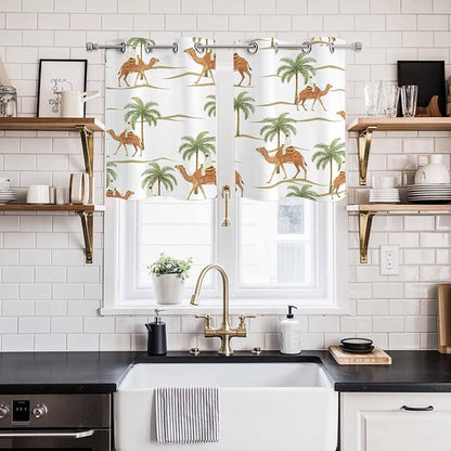 2 Panel Kitchen Cafe Curtains, Desert Camels Sunlight Filtering Nature Air Through, Home Decor Window Covering Tier Curtains for Bedroom Living Room 55W x 39L inch Tropical Date Palm Trees Animal