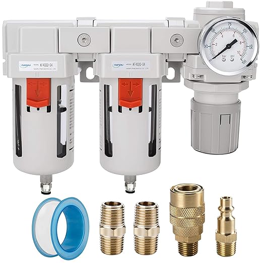 NANPU 1/2" NPT Air Drying System - 5 Micron Particulate Filter, 0.01 Micron Coalescing Filter, Air Pressure Regulator Combo - Semi-Auto Drain, Poly Bowl w/Metal Gauge
