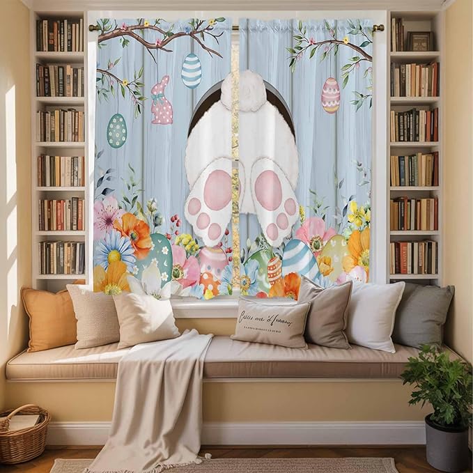 Easter Window Curtains 63 Inch Long 2 Panel Set, Rod Pocket Bedroom Curtains & Drapes, Spring Watercolor Bunny Eggs Flower Wood Grain Blue Light Filtering Window Treatment for Living Room 42"W x 63"L