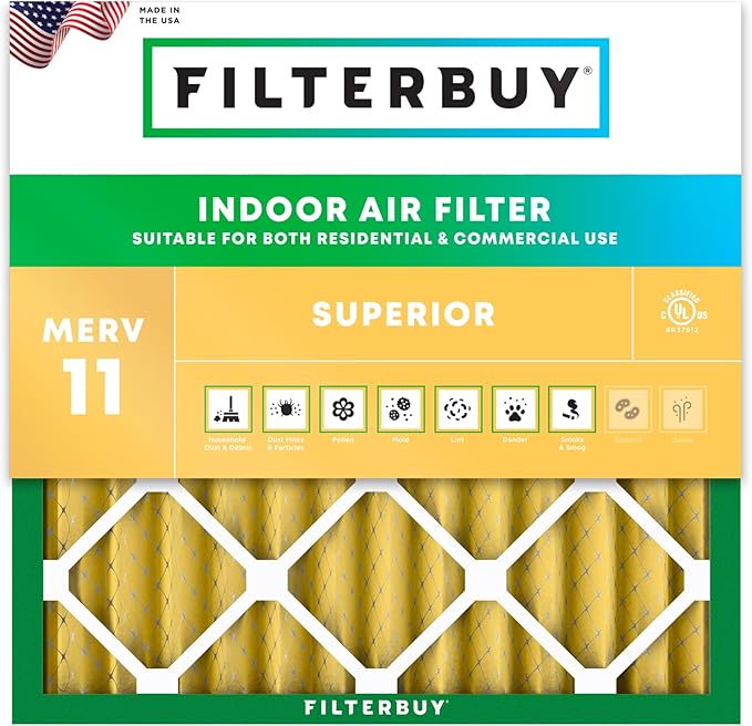 Filterbuy 12x12x2 Air Filter MERV 11 Superior Pet & Allergy Defense (1-Pack), Electrostatic Pleated HVAC AC Furnace Filters Replacement, Made in USA (Actual Size: 11.50 x 11.50 x 1.75)