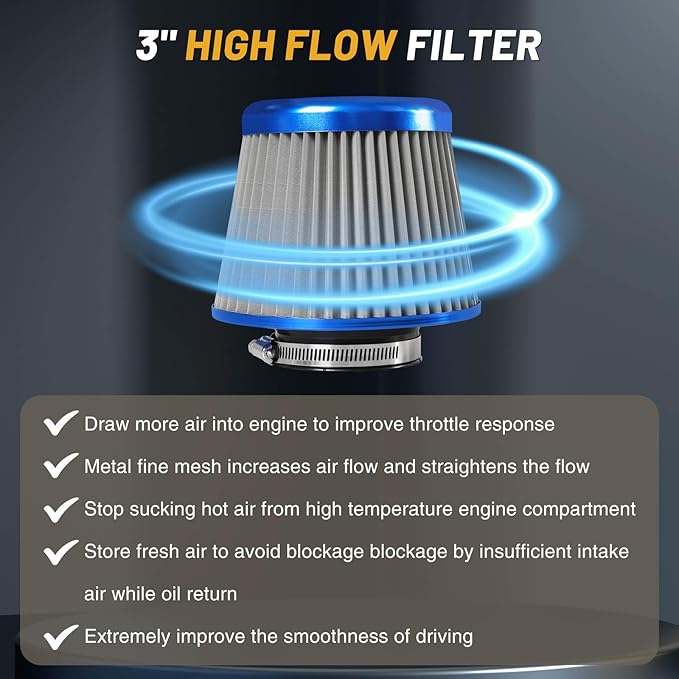 3" 76mm Universal High Flow Cold Air Intake Air Filter Upgraded Stainless Steel Cone Filter(Blue)