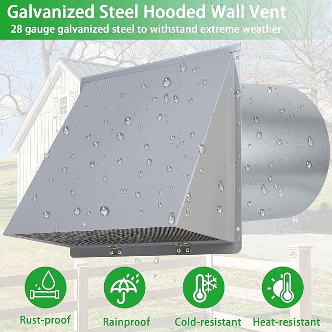 10 Inch Hooded Wall Vent with Screen and Damper,Outdoor Wall Exhaust Vent Cover Cap for Kitchen Range Hood HVAC Duct Dryer Ventilation&Outside Exterior Mount,Galvanized Steel,Gray