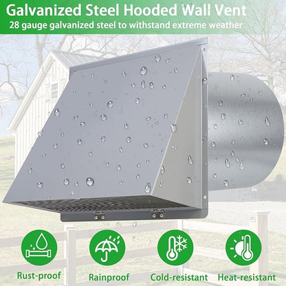 10 Inch Hooded Wall Vent with Screen and Damper,Outdoor Wall Exhaust Vent Cover Cap for Kitchen Range Hood HVAC Duct Dryer Ventilation&Outside Exterior Mount,Galvanized Steel,Gray