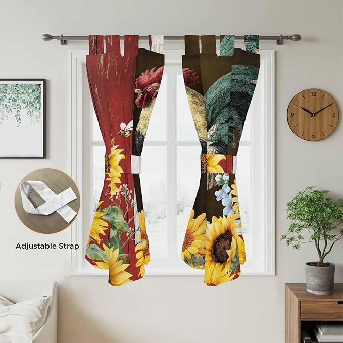 Chicken Sunflowers Bathroom Curtains 63 Inch Length, Window Curtains Tab Top, Farmhouse Animals Red Barn Bees Light Filtering Window Treatments Drapes 52"x63" 2 Panel