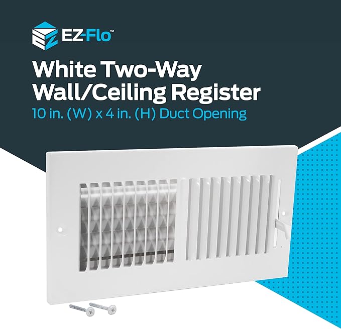 EZ-FLO 10 x 4 Inch (Duct Opening) Air Vent Cover for Wall or Ceiling, Two-Way Ventilation Register, Solid Steel HVAC Register Cover, White, 61609 (Pack of 2)