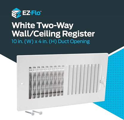 EZ-FLO 10 x 4 Inch (Duct Opening) Air Vent Cover for Wall or Ceiling, Two-Way Ventilation Register, Solid Steel HVAC Register Cover, White, 61609 (Pack of 2)