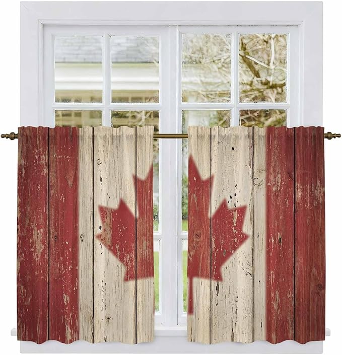 Canada Kitchen Curtains, Red Maple Leaf Flag Vintage Farmhouse Wooden Grain Light Filtering Window Curtain Panels, 2Pcs Rod Pocket Window Treatments Set for RV Dining Room Study Room 42x45 Inches