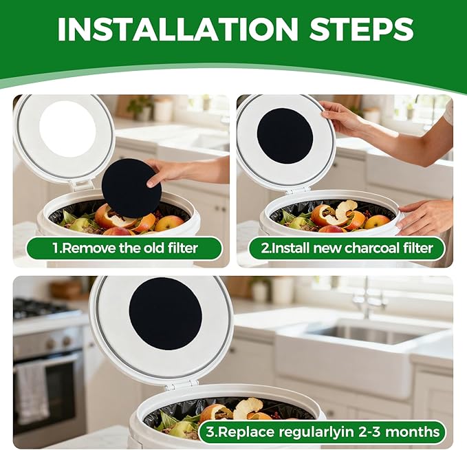 Compost Filters 12-Pack, 7.25 Inch Round Charcoal Filters with Sizing Template for Compost Bin Bucket Countertop Kitchen