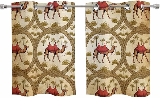 2 Panel Kitchen Cafe Curtains, Brown Desert Camels Sunlight Filtering Nature Air Through, Window Decor Tier Curtains for Living Room 55W x 39L inch Tropical Date Coconut Trees Cords Leaves