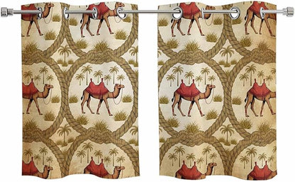 2 Panel Kitchen Cafe Curtains, Brown Desert Camels Sunlight Filtering Nature Air Through, Window Decor Tier Curtains for Living Room 55W x 39L inch Tropical Date Coconut Trees Cords Leaves