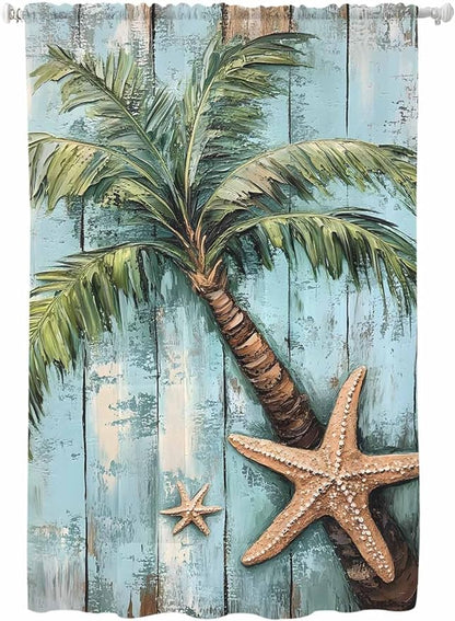 Sheer Curtains 72 Inches Long, Coastal Blue Green Tree Semi Sheer Curtains Light Filtering Window Treatment, Beach Tropical Vintage Wood Grain Privacy Voile Drapes for Living Room Bedroom 52x72 Inch