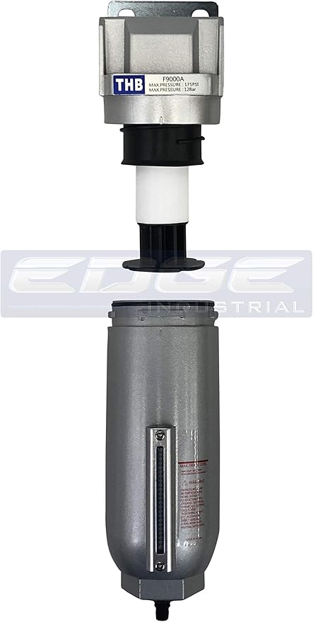 HEAVY DUTY INDUSTRIAL RATED HIGH FLOW PARTICULATE FILTER, IN-LINE WATER TRAP FOR COMPRESSED AIR LINE SYSTEMS, 5 MICRON WITH METAL BOWL AND AUTO DRAIN (1/2" NPT, 11oz)