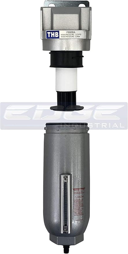 HEAVY DUTY INDUSTRIAL RATED HIGH FLOW PARTICULATE FILTER, IN-LINE WATER TRAP FOR COMPRESSED AIR LINE SYSTEMS, 5 MICRON WITH METAL BOWL AND AUTO DRAIN (1" NPT, 11oz)