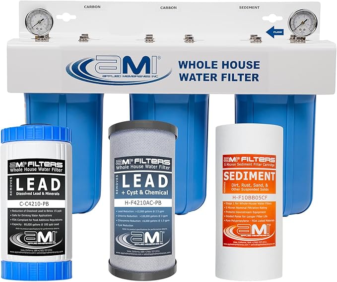 APPLIED MEMBRANES INC. 3-Stage Whole House Water Filter System | 4.5x10-Inch Filters Removes, Dissolved & Undissolved Lead, Sediment, Chlorine, Chloramine, Chemicals, Taste, Odor