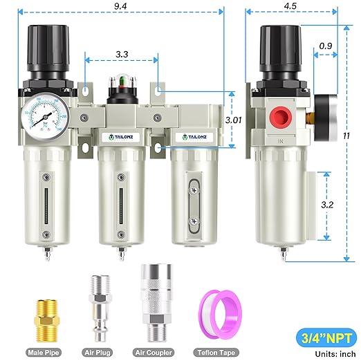 TAILONZ PNEUMATIC 0-240PSI 3/4 Inch NPT Industrial Grade Three Stage Air Drying System, Particulate Filter,Desiccant Dryer and Air Regulator,Coalescing Filter (Manual Drainage)