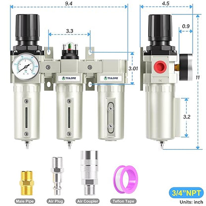 TAILONZ PNEUMATIC 0-240PSI 3/4 Inch NPT Industrial Grade Three Stage Air Drying System, Particulate Filter,Desiccant Dryer and Air Regulator,Coalescing Filter (Manual Drainage)