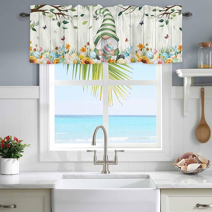 Easter Gnomes Curtain Valances for Windows, Kitchen Valance Window Treatment, Spring Watercolor Eggs Flower Wood Grain Light Filtering Block Curtains for Bathroom/Bedroom/Living Room 42'' x 12''