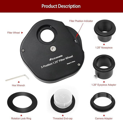 Astromania Filter Wheel for Telescope, Filter Drawer Compatible with 1.25 Inch Telescope Filter for Planet Moon Nebula Observation, 5-Position Filter Wheel Holder Telescope Accessories with T-Adapter