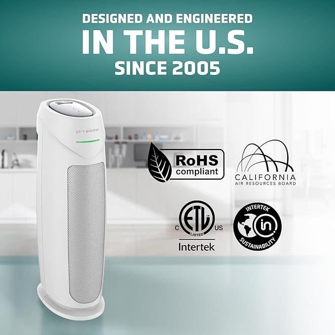 GermGuardian Air Purifier for Home, for Wildfire Smoke, Pets, Pollen, Odor, Mold Spores, Large Rooms Up to 743 Sq. Ft., with HEPA Pure Air Filter, UV-C Light, Air Quality Sensor, 22", AC4880W, White