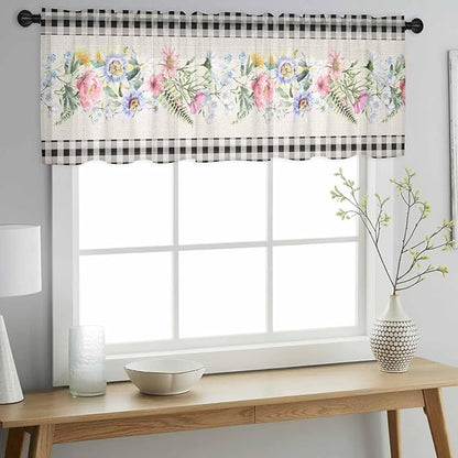 Blue Pink Floral Sheer Valance Curtains, Spring Summer Botanical Linen Black Plaid Light Filtering Kitchen Valances Rod Pocket Voile Curtain Window Treatment for Bedroom/Living Room/Basement 42Wx12L