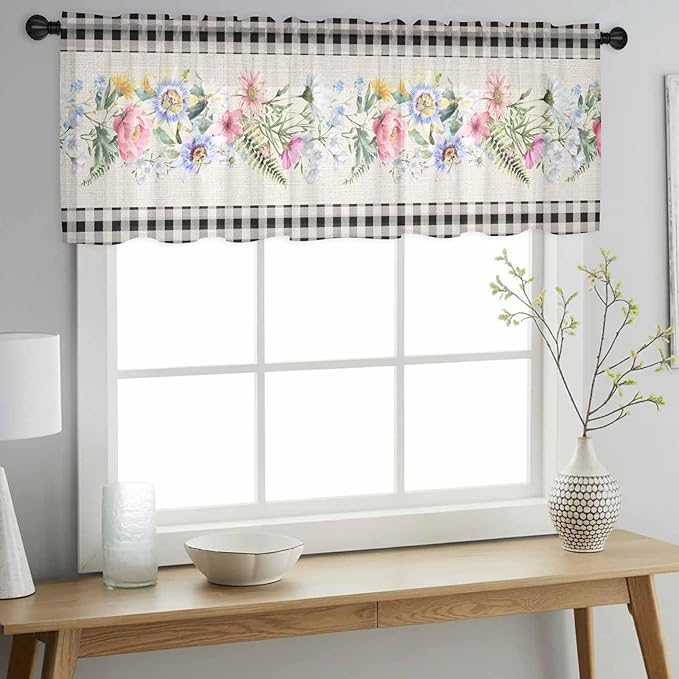 Blue Pink Floral Sheer Valance Curtains, Spring Summer Botanical Linen Black Plaid Light Filtering Kitchen Valances Rod Pocket Voile Curtain Window Treatment for Bedroom/Living Room/Basement 54Wx18L