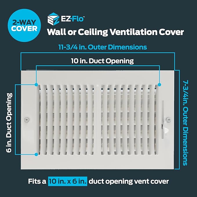 EZ-FLO 10 x 6 Inch (Duct Opening) Air Vent Cover for Wall or Ceiling, Two-Way Ventilation Register, Solid Steel HVAC Register Cover, White, 61610