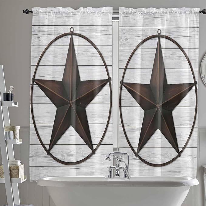Vintage Farm Western Star Window Valance Curtains, White Wood Grain Light Filtering Kitchen Valance with 3-inch Rod Pocket for Living Room Bathroom Bedroom,2 Panel,52x72In
