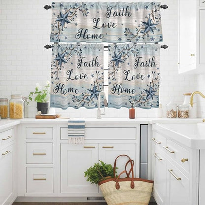 Vintage Farmhouse Kitchen Curtains Set 3 Piece for Windows, Rod Pocket Valance and Tier Set 24 Inch Length, Blue Country Texas Star Vines Wooden Light Filtering Cafe Curtains for Living Room Bathroom