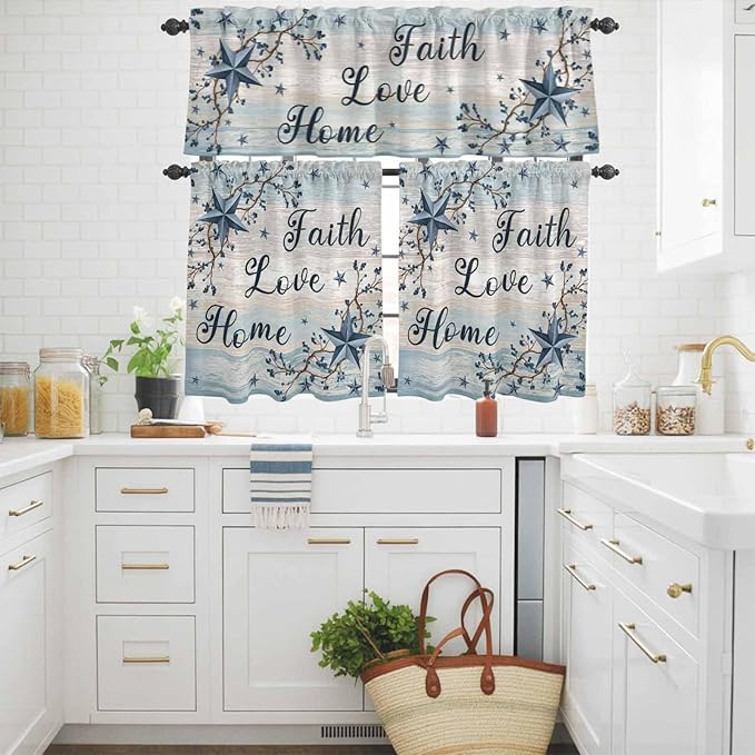 Vintage Farmhouse Kitchen Curtains Set 3 Piece for Windows, Rod Pocket Valance and Tier Set 36 Inch Length, Blue Country Texas Star Vines Wooden Light Filtering Cafe Curtains for Living Room Bathroom