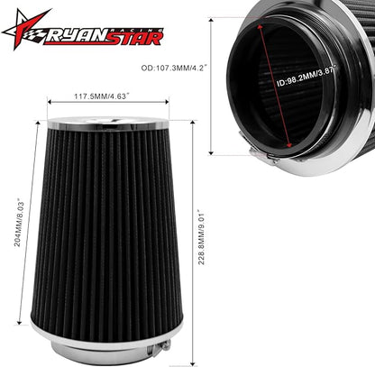 RYANSTAR 102mm 4" High Flow Round Tapered Cone Cool Air Filter Cleaner with Top Filter Design Short 231mm tall Black