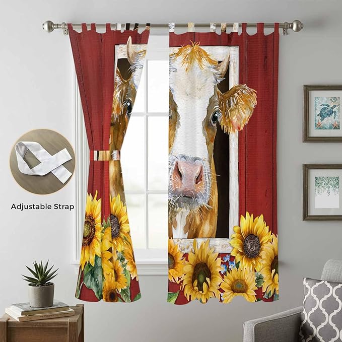 Cows Sunflowers Living Room Curtains 96 Inch Length, Window Curtains Tab Top, Spring Floral Bees Farmhouse Barn Light Filtering Window Treatments Drapes 52"x96" 2 Panel