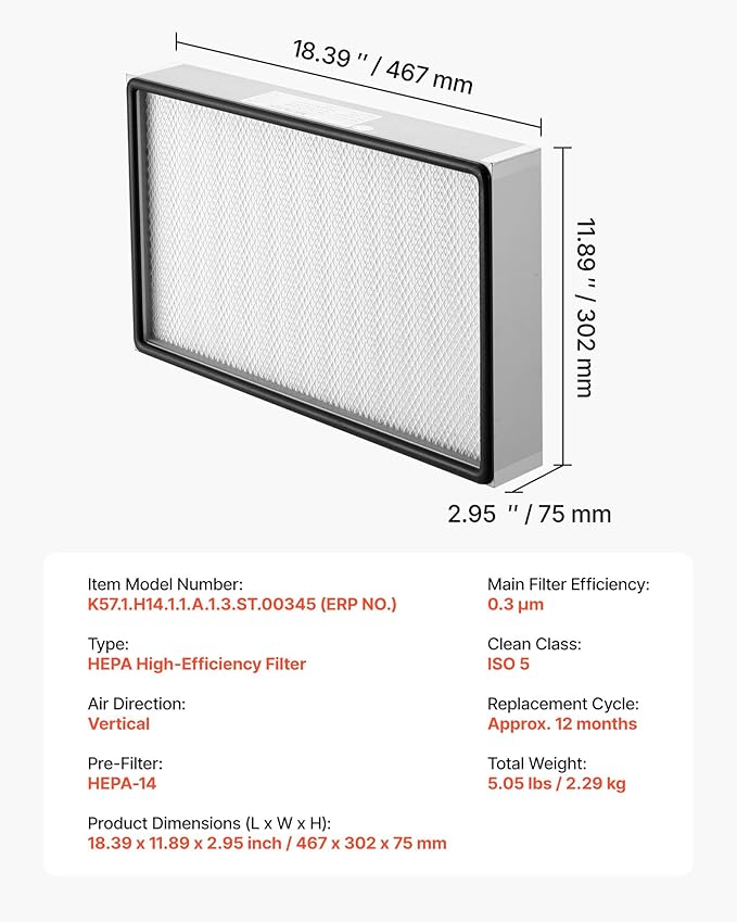 VEVOR Laminar Flow Hood Filter, 18.39 x 11.89 x 2.95 in, 1 Piece HEPA Filter Replacement for 23.62 x 21.65 in Portable Clean Room to Capture Particles Sized 0.3μm, Glass Fiber, Aluminum Frame