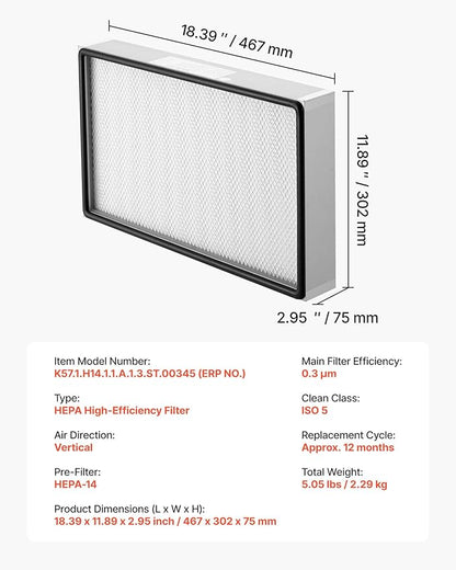 VEVOR Laminar Flow Hood Filter, 18.39 x 11.89 x 2.95 in, 1 Piece HEPA Filter Replacement for 23.62 x 21.65 in Portable Clean Room to Capture Particles Sized 0.3μm, Glass Fiber, Aluminum Frame